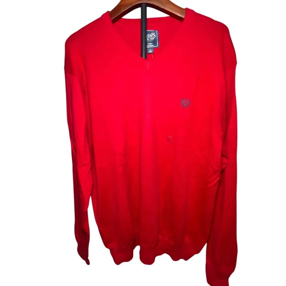 Chaps Mens‎ Red Cotton V-Neck Sweater With Embroidered Logo L